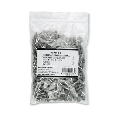 Bootlace Terminal Pre-Insulated Grey 2.5mm² Length 8mm 500 Pack