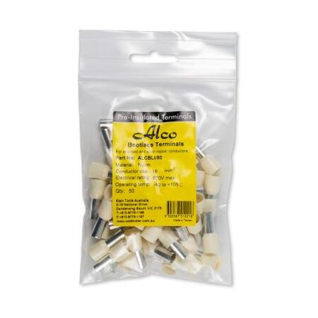 Bootlace Terminal Pre-Insulated Ivory 16mm² Length 12mm 50 Pack
