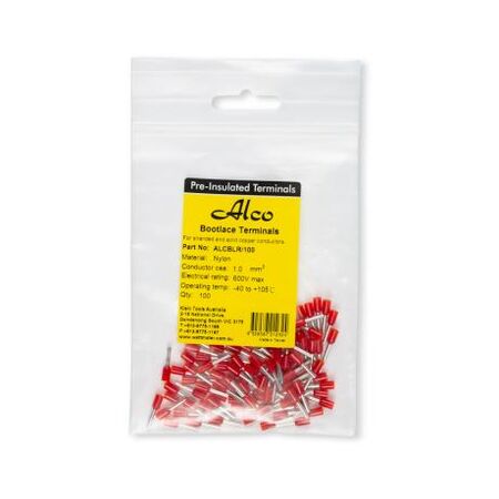 Bootlace Terminal Pre-Insulated Red 1mm² Length 8mm 100 Pack