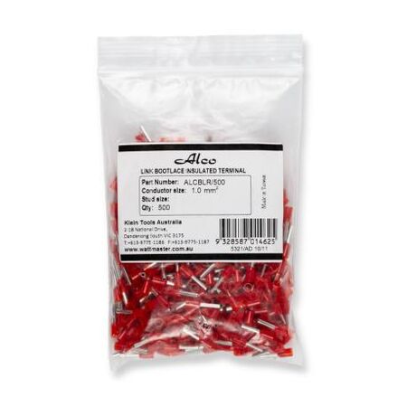 Bootlace Terminal Pre-Insulated Red 1mm² Length 8mm 500 Pack