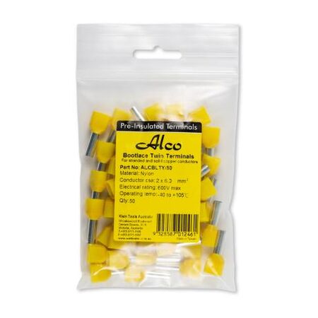 Bootlace Terminal Pre-Insulated Twin Yellow 2x 6mm² 100 Pack