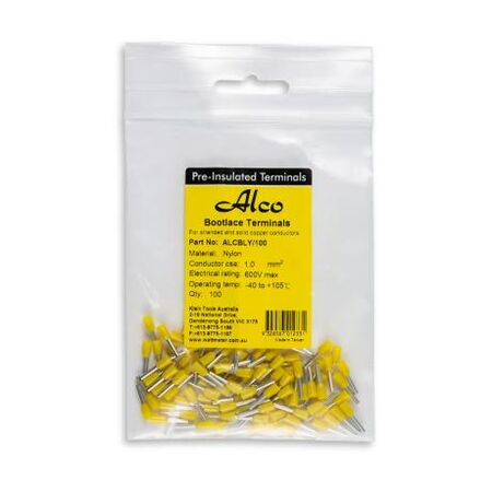Bootlace Terminal Pre-Insulated Yellow 1mm² Length 6mm 100 Pack