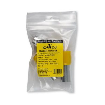 Bootlace Terminal Pre-Insulated Yellow 150mm² Length 32mm 3 Pack