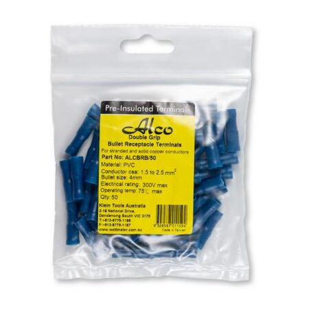 Crimp Terminal Pre-Insulated Bullet Receptacle 4mm 1.5-2.5mm² Blue 50 Pack
