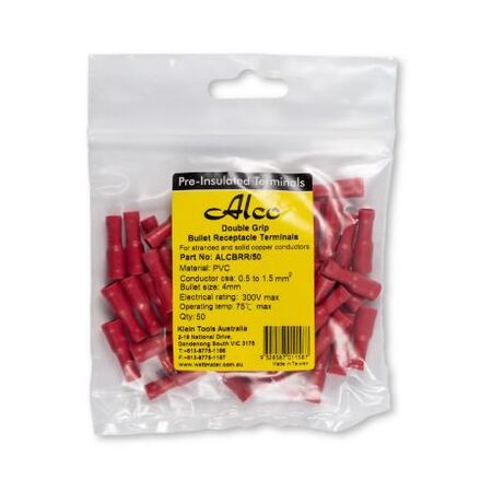 Crimp Terminal Pre-Insulated Bullet Receptacle 4mm 0.5-1.5mm² Red 50 Pack