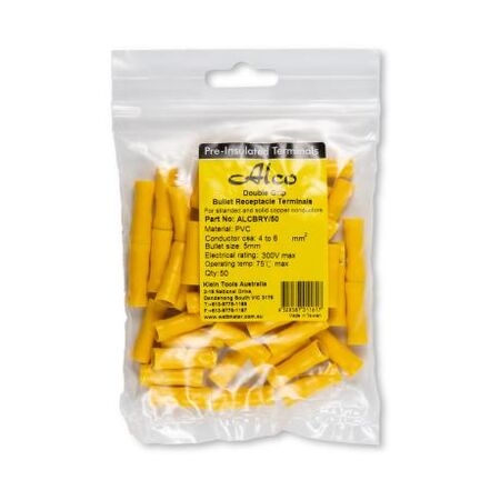 Crimp Terminal Pre-Insulated Bullet Receptacle 5mm Cable 4-6mm² Yellow 50 Pack