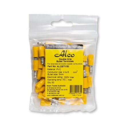Crimp Terminal Pre-Insulated Bullet 5mm Cable 4-6mm² Yellow 50 Pack