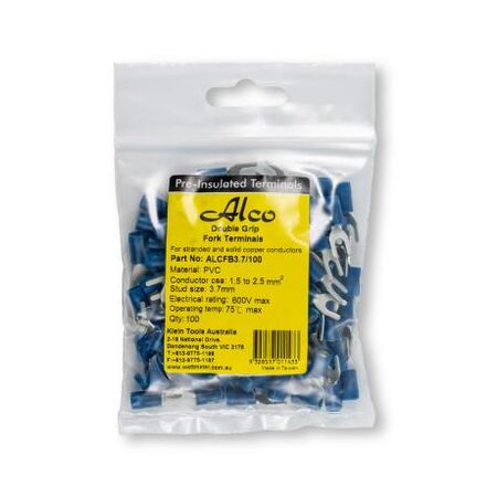 Crimp Terminal Pre-Insulated Fork 3.7mm Cable 1.5-2.5mm² Blue 100 Pack