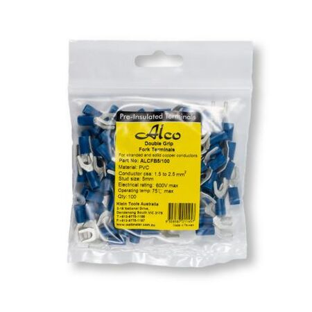 Crimp Terminal Pre-Insulated Fork 5mm Cable 1.5-2.5mm² Blue 100 Pack