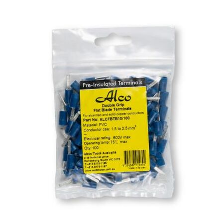 Crimp Terminal Pre-Insulated Flat Blade Length 10mm Cable 1.5-2.5mm² Blue 100 Pack