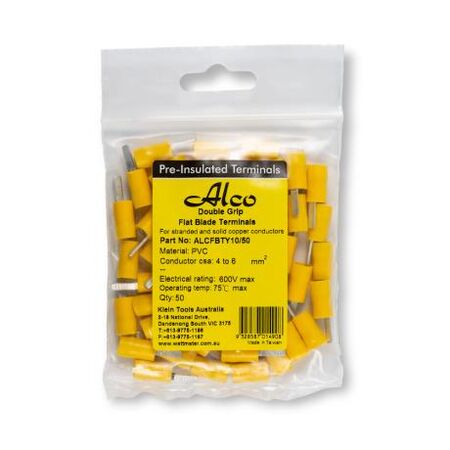 Crimp Terminal Pre-Insulated Flat Blade Length 10mm Cable 4-6mm² Yellow 50 Pack