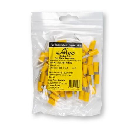 Crimp Terminal Pre-Insulated Flat Blade Length 18mm Cable 4-6mm² Yellow 50 Pack