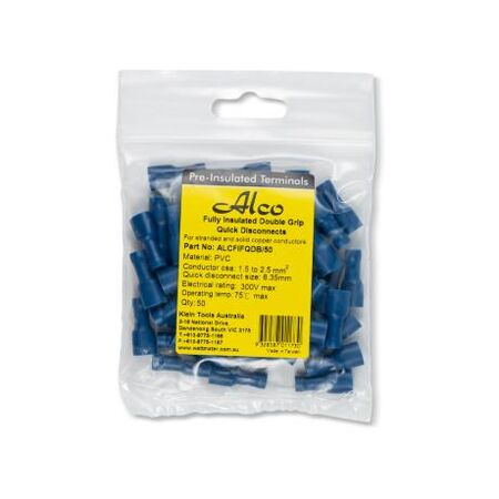 Crimp Terminal Quick Disconnect Fully Insulated 1.5-2.5mm² Female Width 6.35mm Blue 50 Pack