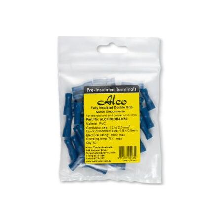 Crimp Terminal Quick Disconnect Fully Insulated 1.5-2.5mm² Female Width 4.8mm Blue 50 Pack