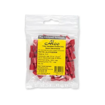 Crimp Terminal Quick Disconnect Fully Insulated 0.5-1.5mm² Female Width 6.35mm Red 50 Pack