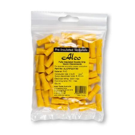 Crimp Terminal Quick Disconnect Fully Insulated 4-6mm² Female Width 6.35mm Yellow 50 Pack