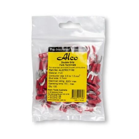 Crimp Terminal Pre-Insulated Fork 3.7mm Cable 0.5-1.5mm² Red 100 Pack