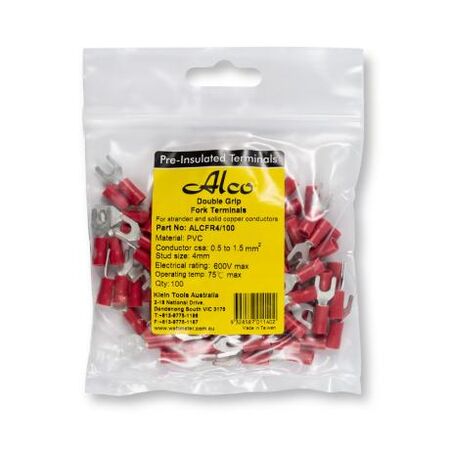 Crimp Terminal Pre-Insulated Fork 4mm Cable 0.5-1.5mm² Red 100 Pack