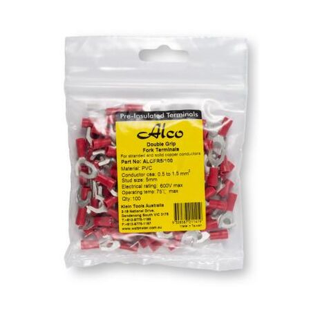 Crimp Terminal Pre-Insulated Fork 5mm Cable 0.5-1.5mm² Red 100 Pack