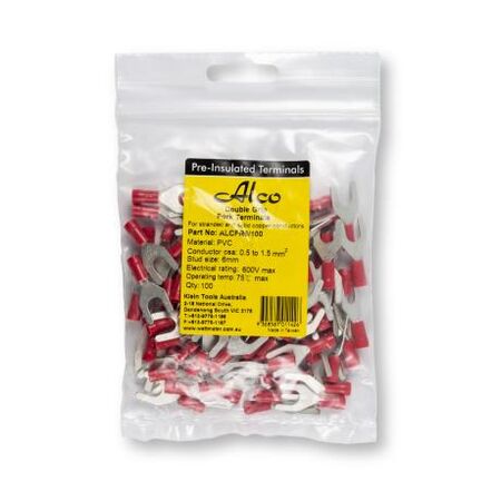 Crimp Terminal Pre-Insulated Fork 6mm Cable 0.5-1.5mm² Red 100 Pack