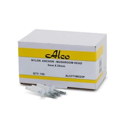 Nylon Nail Anchor Mushroom Head Diameter 5mm x Length 25mm 100 Pack