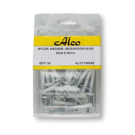 Nylon Nail Anchor Mushroom Head Diameter 5mm x Length 40mm 50 Pack