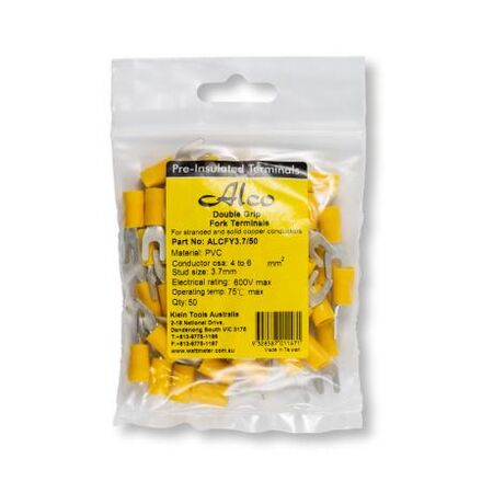 Crimp Terminal Pre-Insulated Fork 3.7mm Cable 4-6mm² Yellow 50 Pack