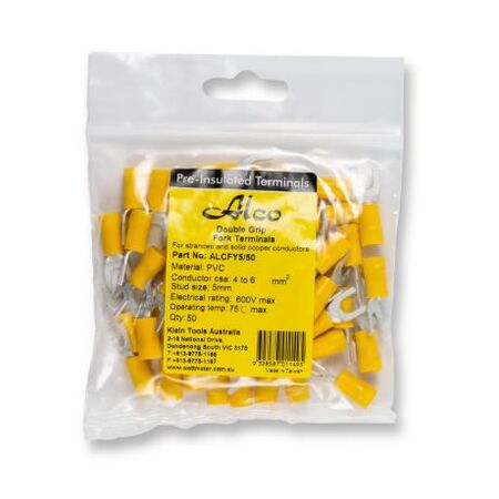 Crimp Terminal Pre-Insulated Fork 5mm Cable 4-6mm² Yellow 50 Pack