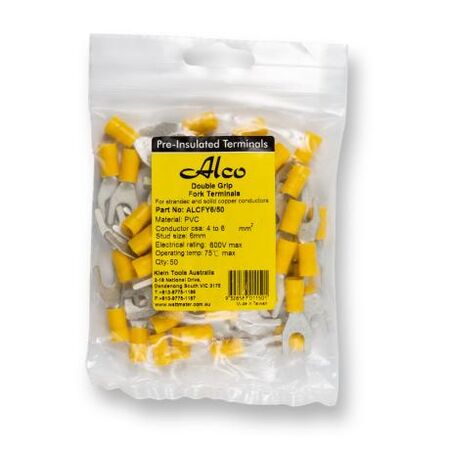 Crimp Terminal Pre-Insulated Fork 6mm Cable 4-6mm² Yellow 50 Pack