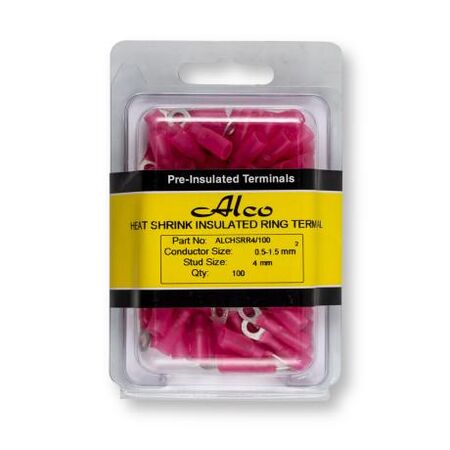 Crimp Terminal Heatshrink Red Insulated Ring 4mm Cable 0.5-1.5mm² 100 Pack