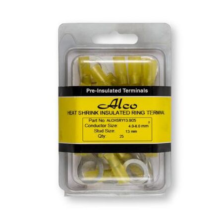 Crimp Terminal Heatshrink Yellow Insulated Ring 13mm Cable 4-6mm² 25 Pack