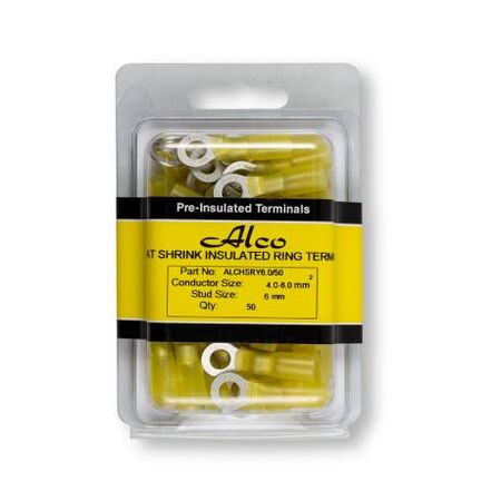 Crimp Terminal Heatshrink Yellow Insulated Ring 6mm Cable 4-6mm² 50 Pack