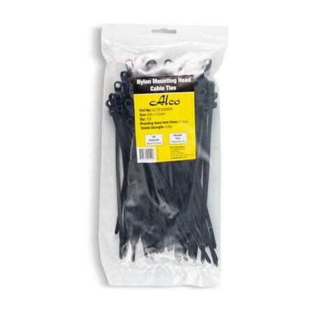 Nylon Cable Tie 200mm x 4.6mm Standard Duty With Mounting Head Black