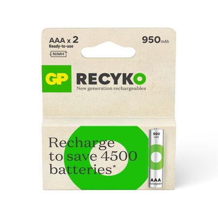 GP Recyko 1.2V AAA 950mAh Rechargeable Battery | Low Self-Discharge | Card of 2 | by Powercell