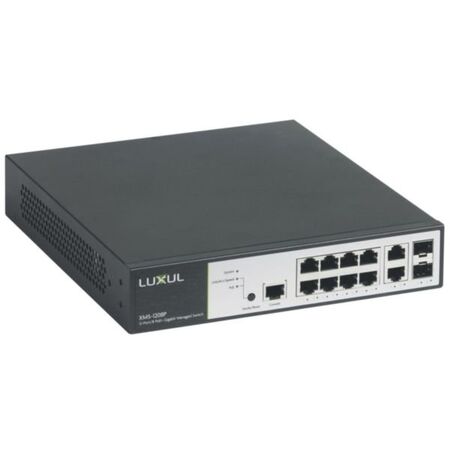 Gigabit managed ethernet PoE switch with 10 RJ45 ports and 2 SFP .