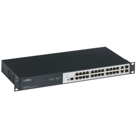 Gigabit managed ethernet PoE switch with 26 RJ45 ports and 2 SFP .