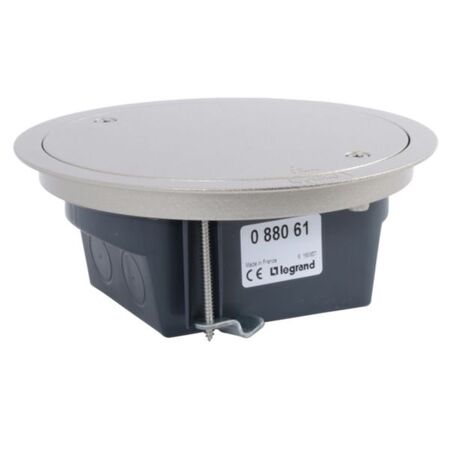 Round waterproof floor box with removable lid for wiring devices 4 modules. Stainless Steel finish.