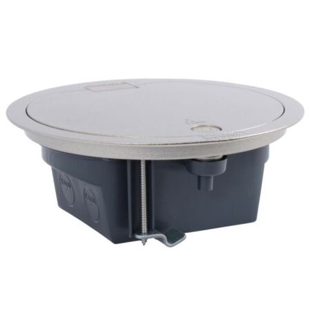 Round waterproof floor box with hinged lid for wiring devices 4 modules. Stainless Steel finish.