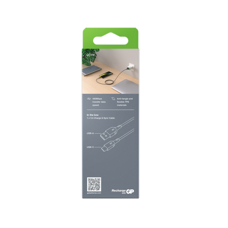 GP Charge & Sync Cable 1m USB-A to USB-C | Flexible TPE | 18W Quick Charge | 480Mbps Data Transfer | by Powercell