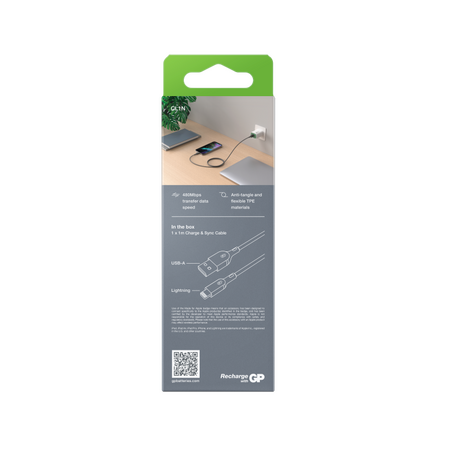 GP Charge & Sync Cable 1m USB-A to Lightning | MFi Certified | 12W Charging Output | 480Mbps Data Transfer | by Powercell