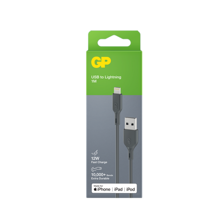 GP Charge & Sync Cable 1m USB-A to Lightning | MFi Certified | 12W Charging Output | 480Mbps Data Transfer | by Powercell