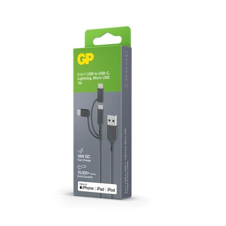 3 in 1 USB A to Lightning/C USB/Micro USB Cable | Fast Charging & Data Transfer | 1m Length | Grey | by Powercell