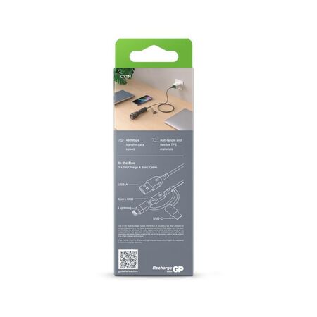3 in 1 USB A to Lightning/C USB/Micro USB Cable | Fast Charging & Data Transfer | 1m Length | Grey | by Powercell