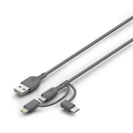 3 in 1 USB A to Lightning/C USB/Micro USB Cable | Fast Charging & Data Transfer | 1m Length | Grey | by Powercell