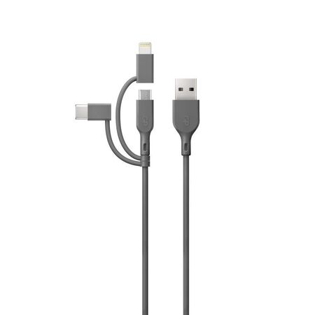 3 in 1 USB A to Lightning/C USB/Micro USB Cable | Fast Charging & Data Transfer | 1m Length | Grey | by Powercell