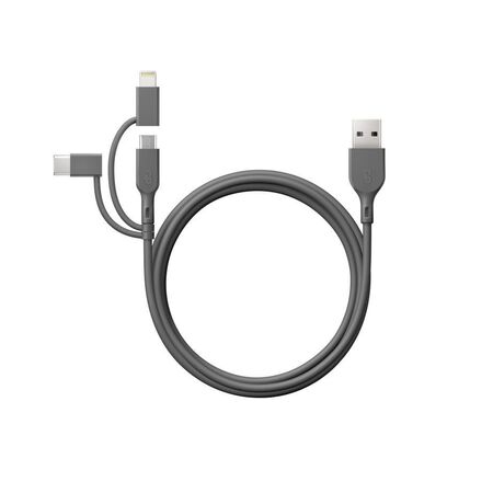 3 in 1 USB A to Lightning/C USB/Micro USB Cable | Fast Charging & Data Transfer | 1m Length | Grey | by Powercell