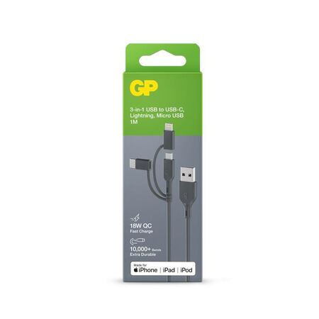 3 in 1 USB A to Lightning/C USB/Micro USB Cable | Fast Charging & Data Transfer | 1m Length | Grey | by Powercell