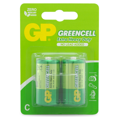 C Size Battery GP Greencell 1.5V Extra Heavy Duty | Carbon Zinc Chemistry | Pack of 2 | by Powercell