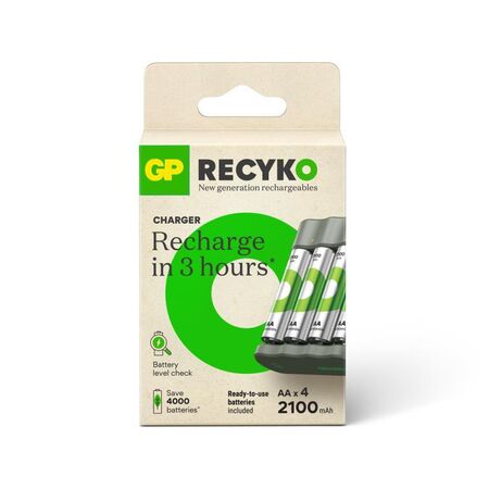 GP Recyko 4 Bay USB Charger | Includes 4 NiMH AA Batteries | 3 Hour Charging Time | 2 Independent Channels | by Powercell