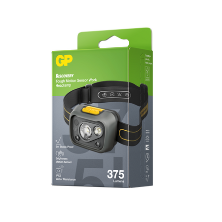 GP Discovery Consumer Headlamp | 375 Lumens | Tough Motion Sensor | IPX5 Water Resistant | by Powercell